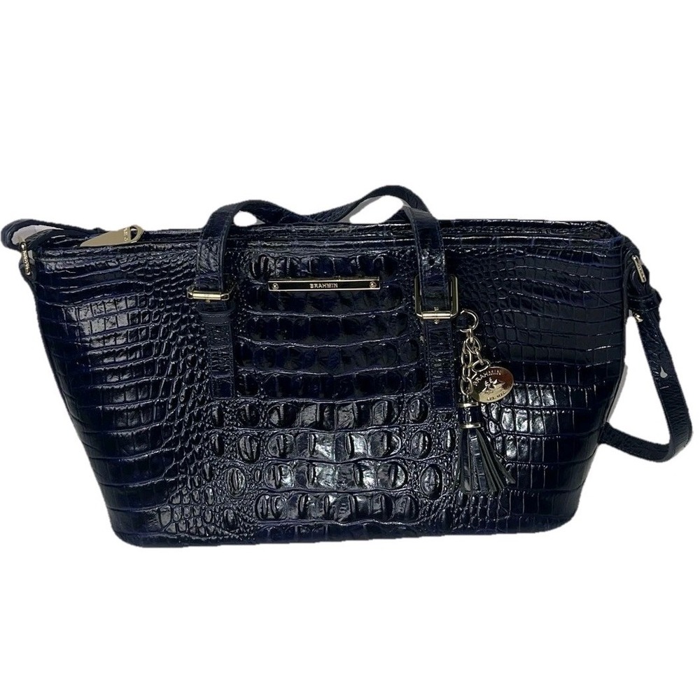 Brahmin Black Croc Embossed Leather Anywhere Satchel Bag Large Zip Tote